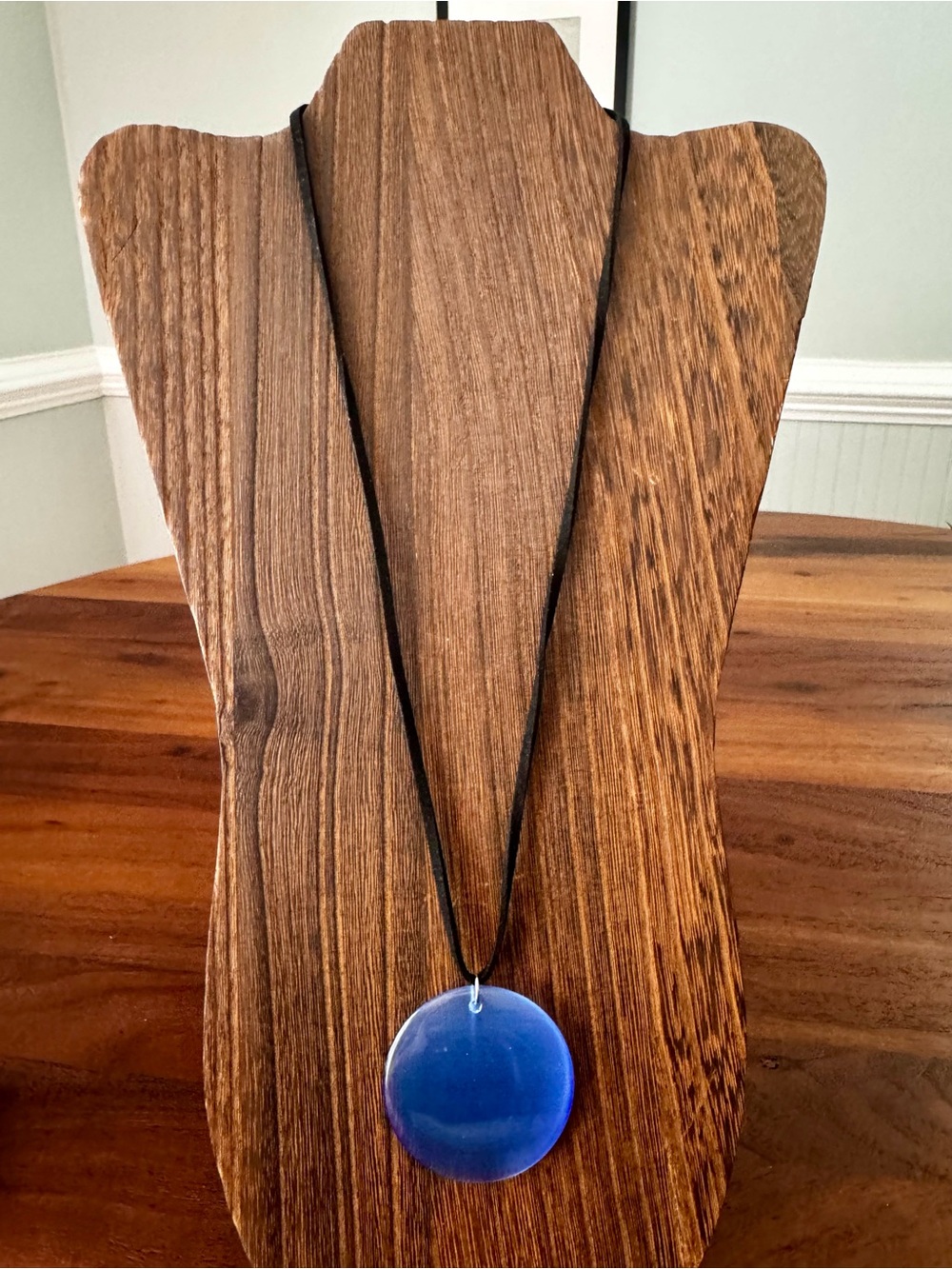 Vintage Minimalist Blue Glass Pendant Necklace On Leather Cord